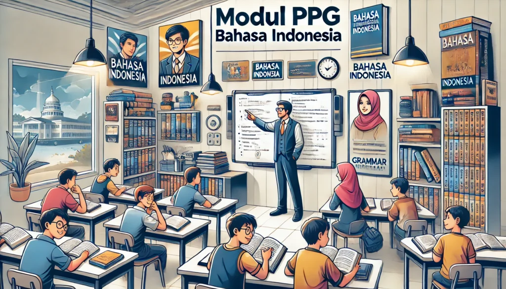 Gambar saat ini tidak memiliki teks alternatif (alt). Nama berkas: DALL·E-2025-05-02-22.59.17-A-cover-illustration-for-a-professional-teaching-module-titled-Modul-PPG-Bahasa-Indonesia.-The-scene-includes-a-modern-classroom-setting-with-studen.webp